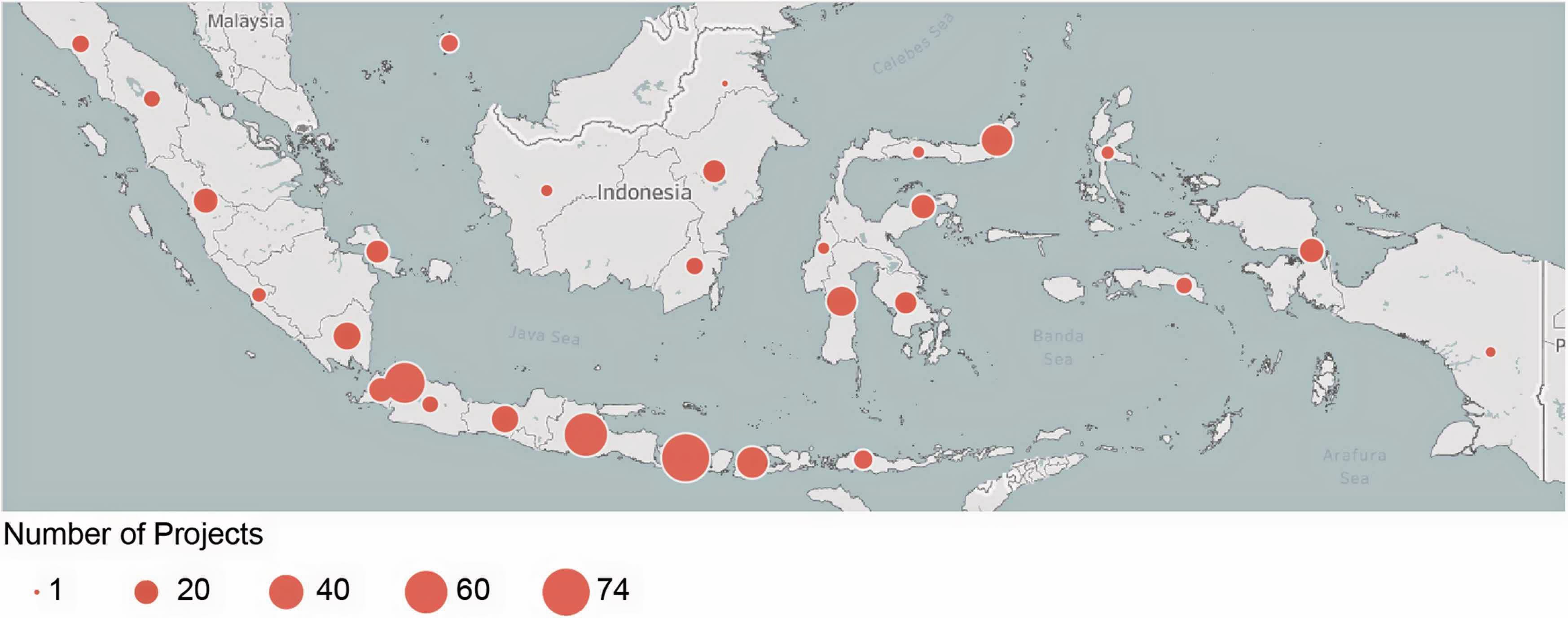 "Indonesia’s coral reef restoration projects (1990–2020), aggregated by province. Circles are positioned at the geometric center of each province; their size is proportional to the number of restoration projects in that province [1]."