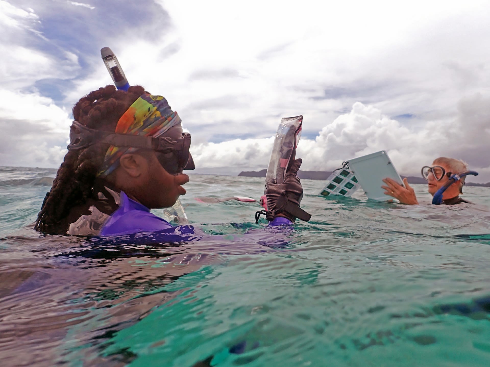 Stanford University researcher and marine biologist Dr. Steve Palumbi use GPS coordinates to locate tagged coral in Palau.