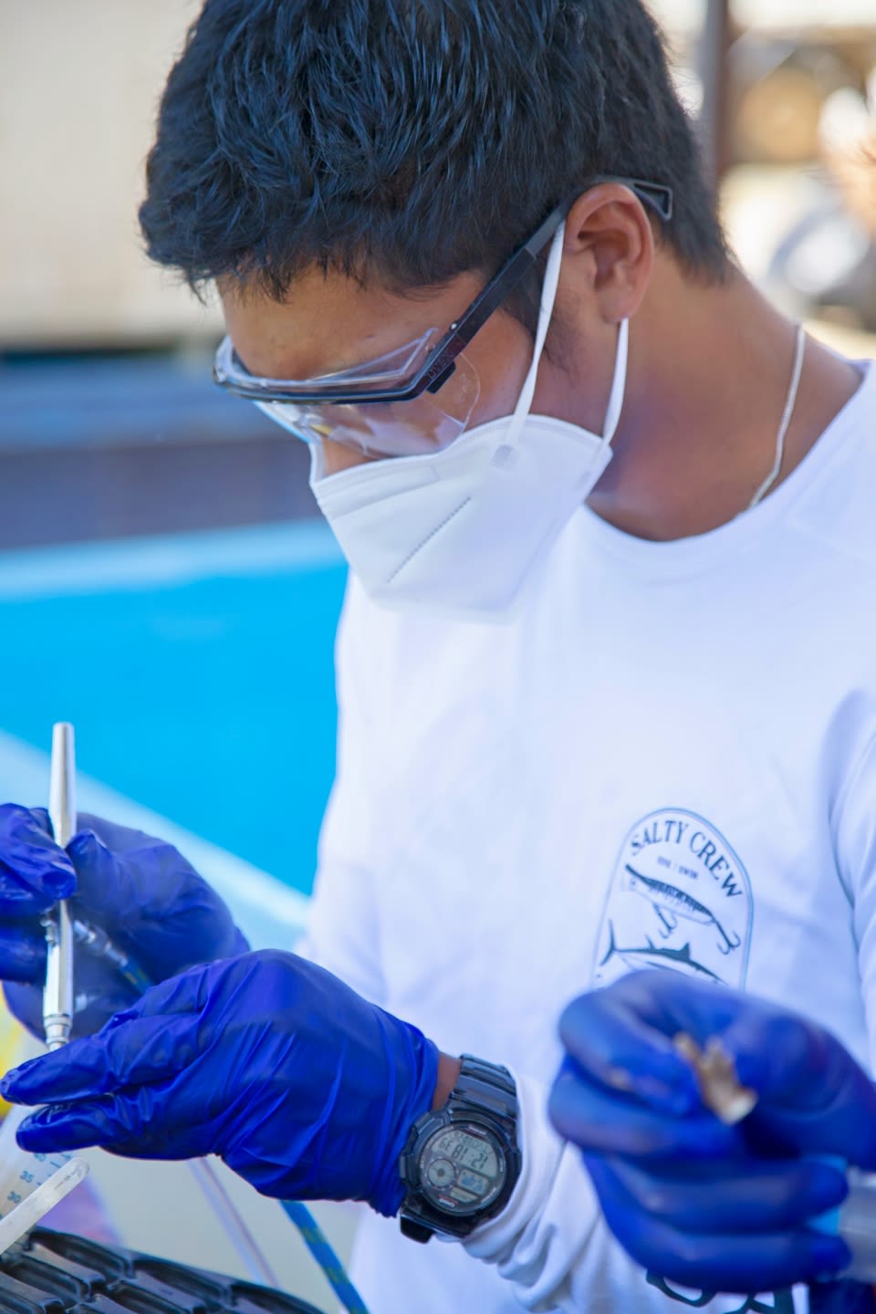 Palau Community College student uses airbrush to remove tissue from coral skeleton for DNA analysis at Palau International Coral Research Center in Koror, Palau. 