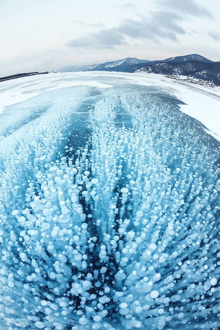 Methane gas bubbles trapped in frozen lake